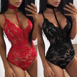 Fashion Women Sheer Lace Floral Leotard Tops Backless Jumpsuit Sexy Lingerie Dress Neck Choker Bodysuit (Color: Black)