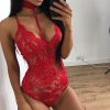 Fashion Women Sheer Lace Floral Leotard Tops Backless Jumpsuit Sexy Lingerie Dress Neck Choker Bodysuit